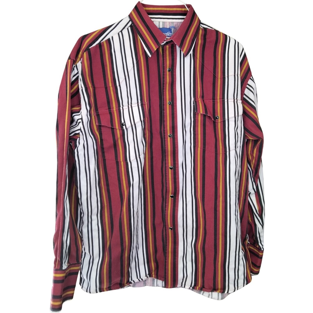 Vintage Brushpopper Wrangler Shirt Mens Large Red Western Pearl Snap Pin Stripe